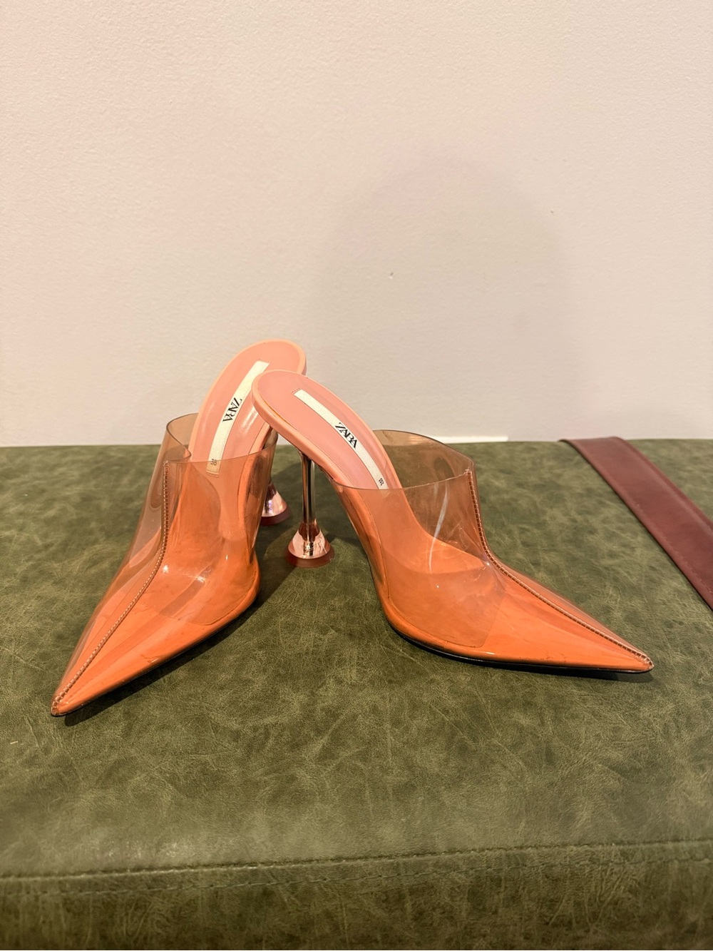 Zara Transparent Orange Pointed Mule Heels